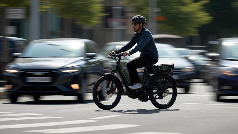 Electric cargo bike easily maneuvering through busy city traffic