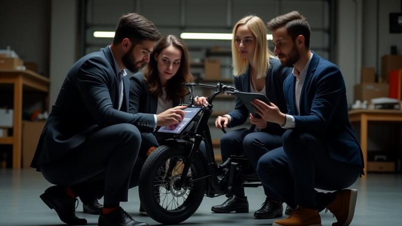 Team discussing customization options for an electric cargo bike, showing different accessories and branding