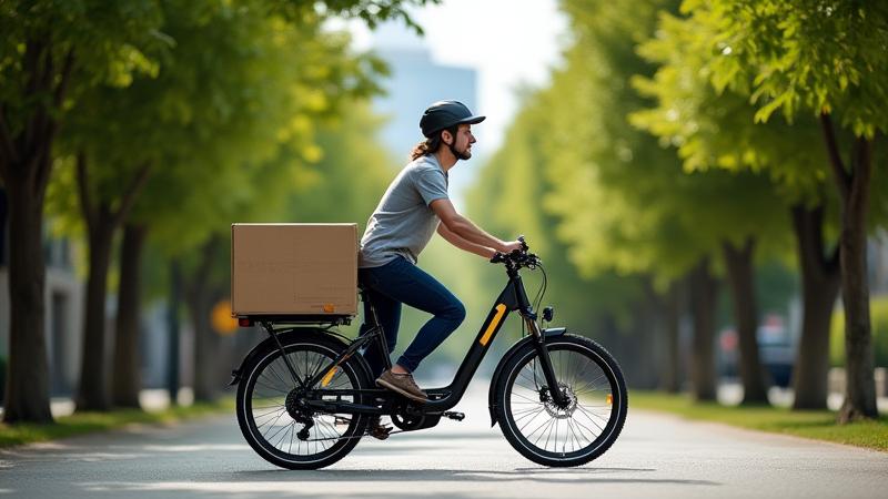 Electric cargo bike delivering packages in a city, showing eco-friendly operations