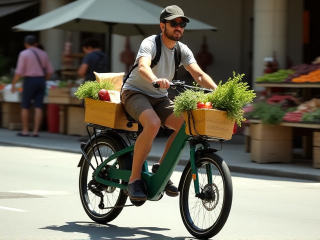 An electric cargo bike loaded with groceries and packages