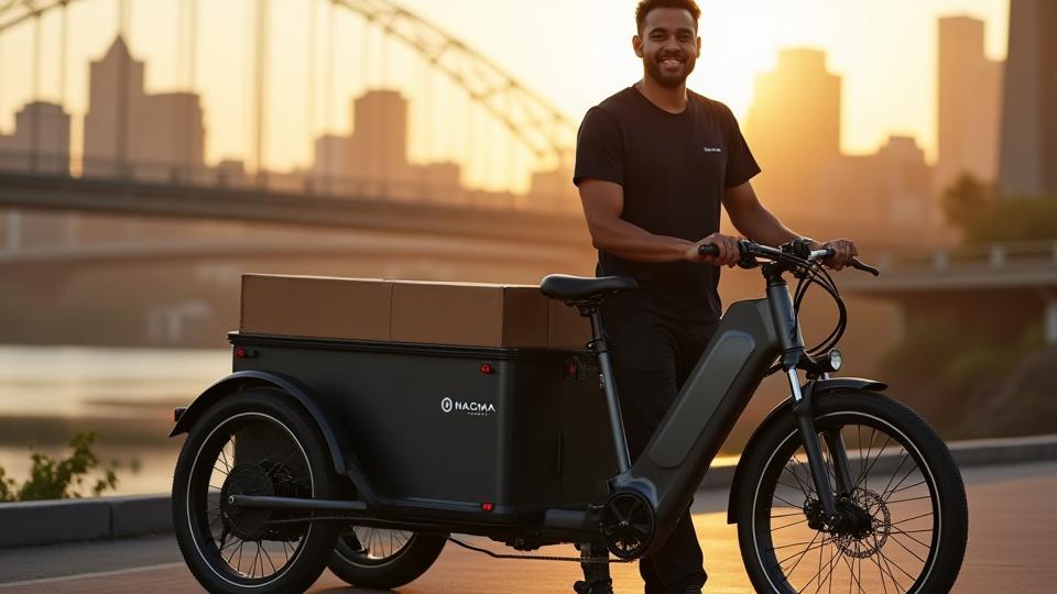 PDX Quick Couriers electric cargo bike parked in front of a Portland city backdrop with a smiling courier